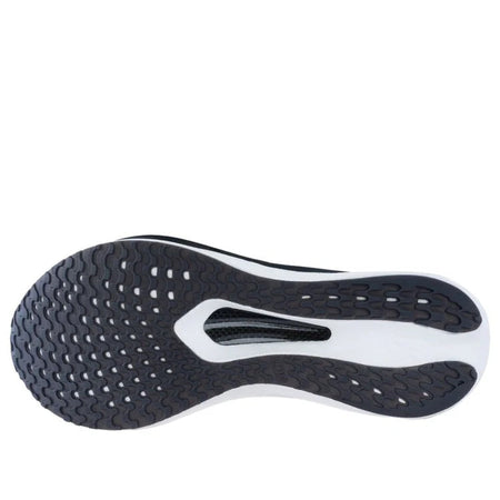 Men's black and white running shoe outsole, tread pattern with curved white edge