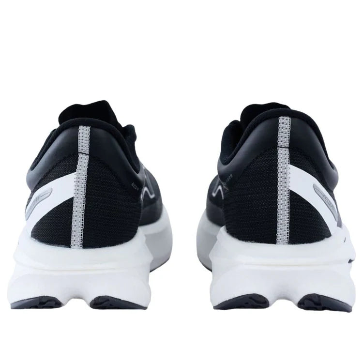 Men's black and white running shoes, heel view with padded collar and white outsole