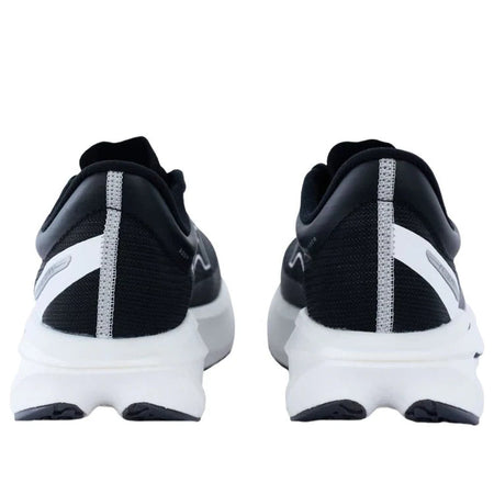 Men's black and white running shoes, heel view with padded collar and white outsole