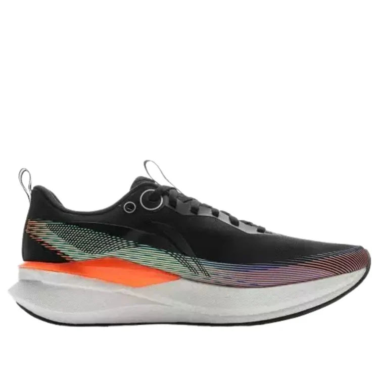 Men's black running shoes, side view, orange heel panel and green-blue knit stripes
