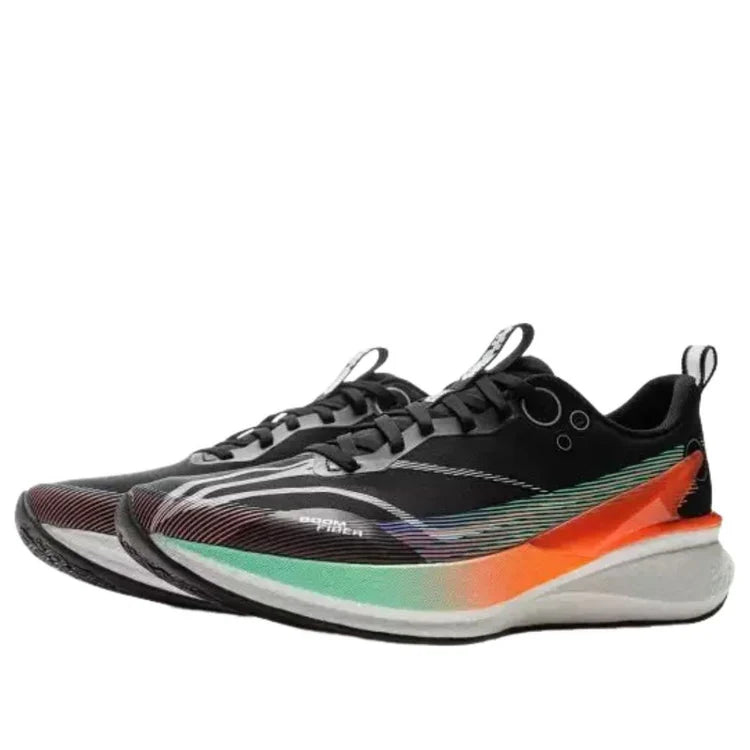 Men's black running shoes, pair view, orange heel and green-blue side stripes