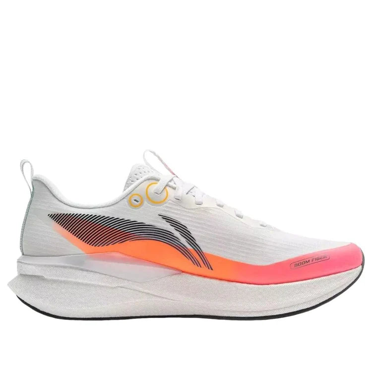 White lace-up running shoe with black logo stripe and orange-pink midsole