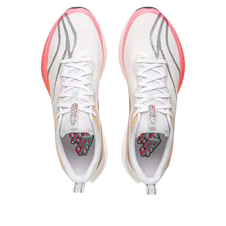 Pair of white running shoes with white laces and multicolor logo on tongues