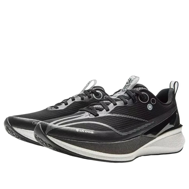 Li-Ning men's black running shoes, front 3/4 view with wavy side panel