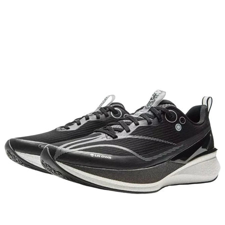 Li-Ning men's black running shoes, front 3/4 view with wavy side panel