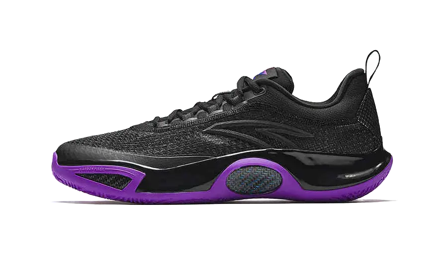 Black basketball shoe with purple accents, lace-up design, and molded side panels