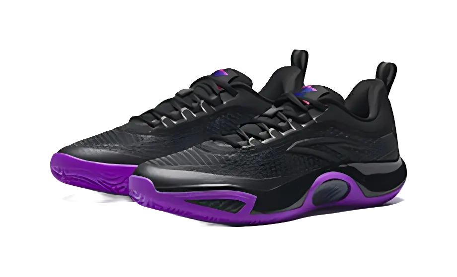 Black and purple lace-up basketball shoe, side view with chunky outsole