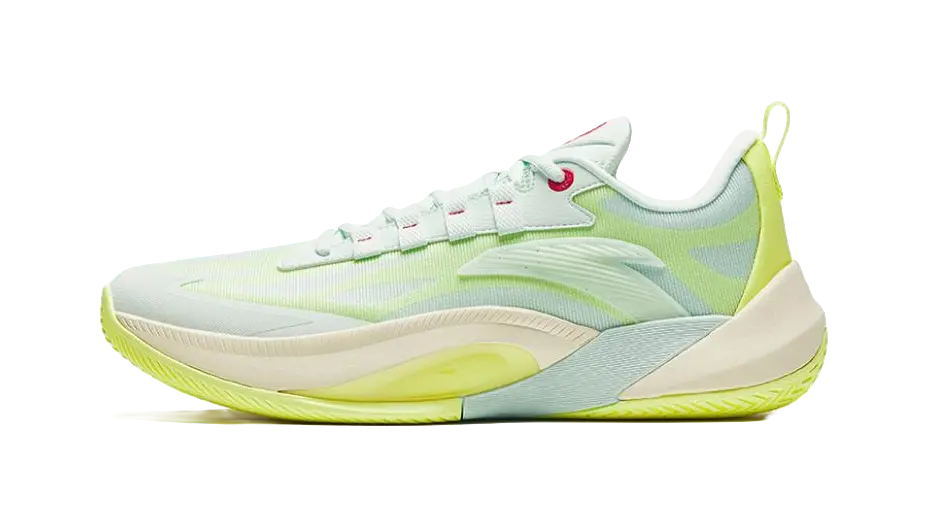 Light blue and lime basketball shoe with silver accents, low-cut lace-up design