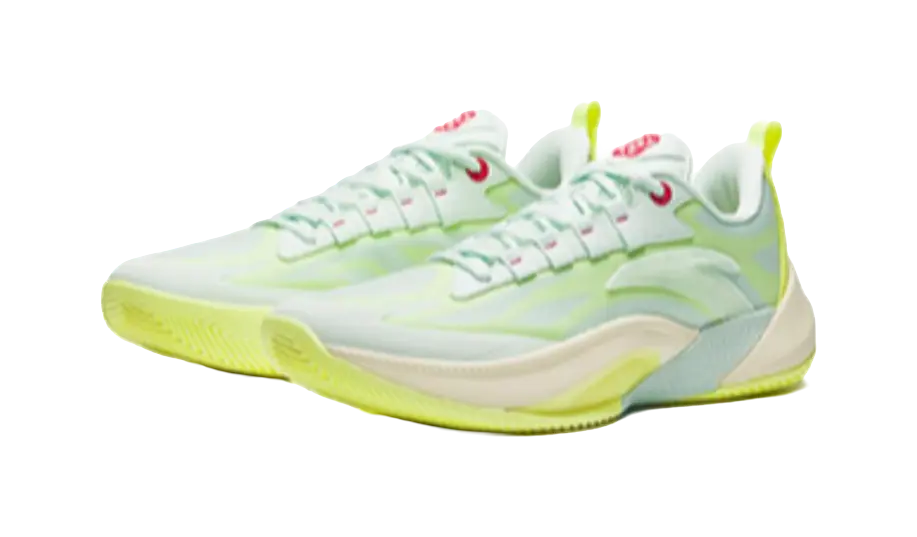 Light blue and lime basketball shoes, front view, lace-up with textured panels