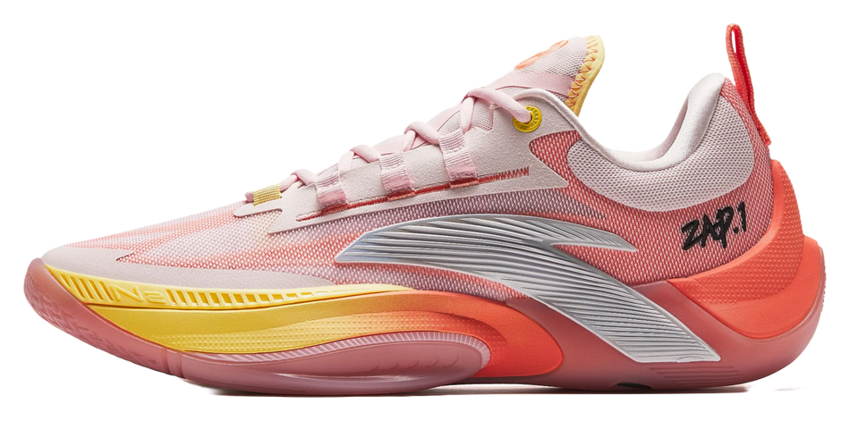 Pink and orange low-top basketball shoe with cushioned sole and lace-up closure