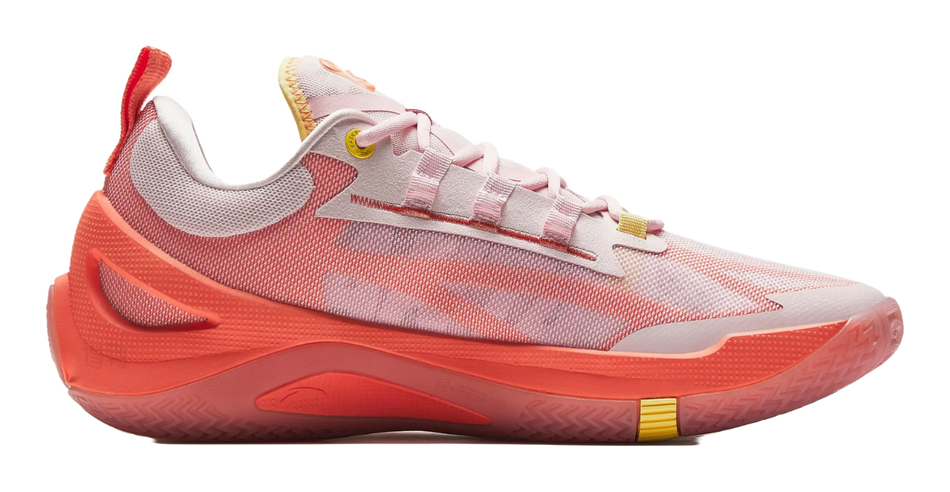 Pink and orange low-top basketball shoe, side view with patterned midsole
