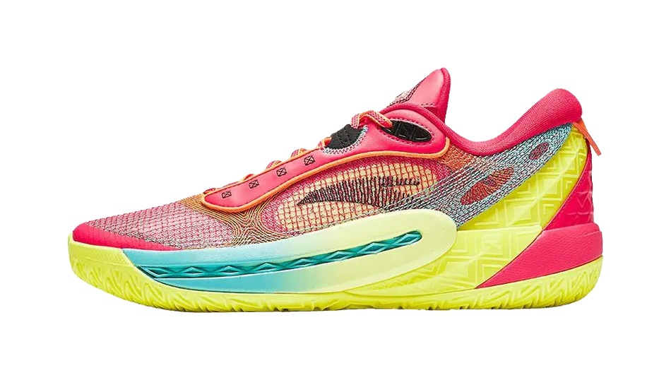 Red mesh basketball shoes with neon yellow sole, blue accents, and Velcro straps