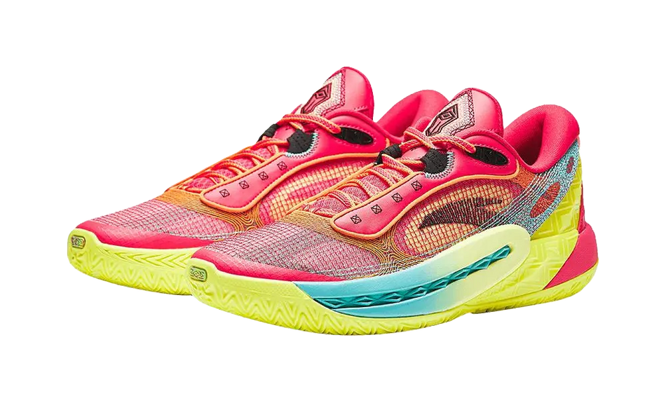 Multicolor basketball shoes with pink mesh upper, neon sole, and lace-loop details