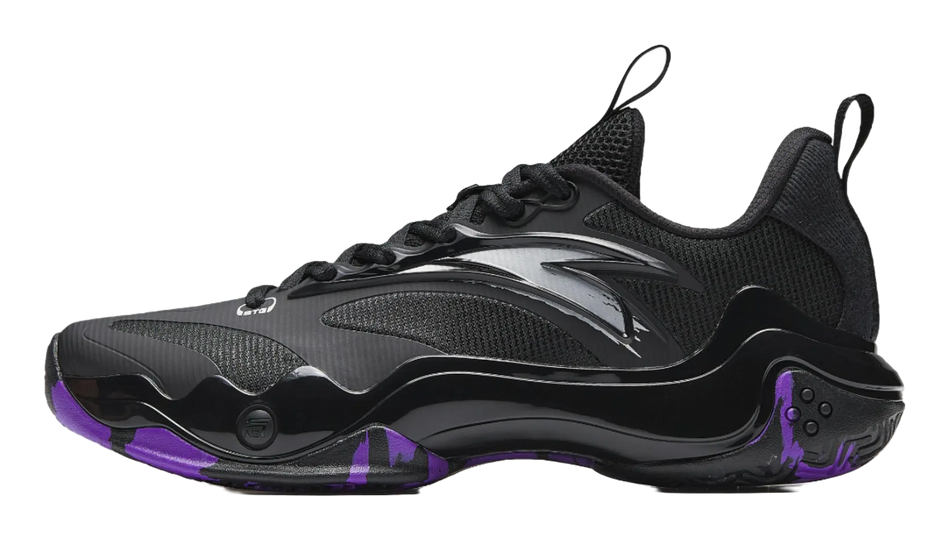 Black and purple basketball shoe with textured mesh upper and lace-up closure.