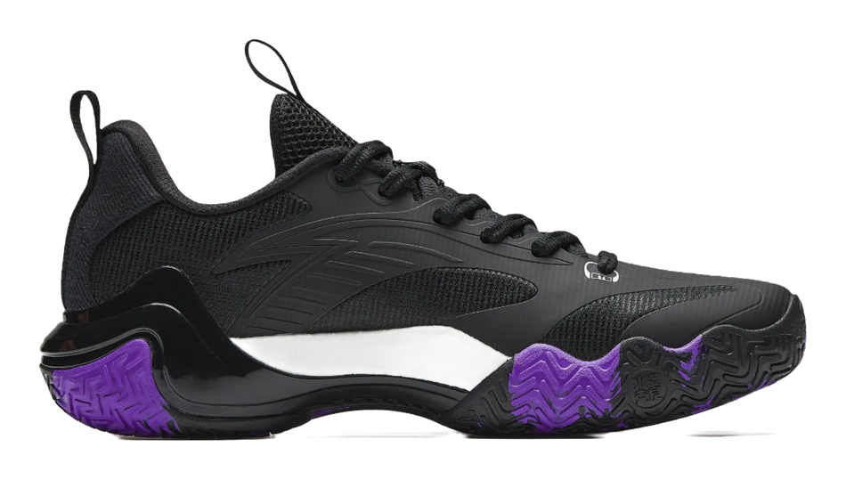 Black basketball shoe with lace-up design, silver logo stripe, and purple outsole.