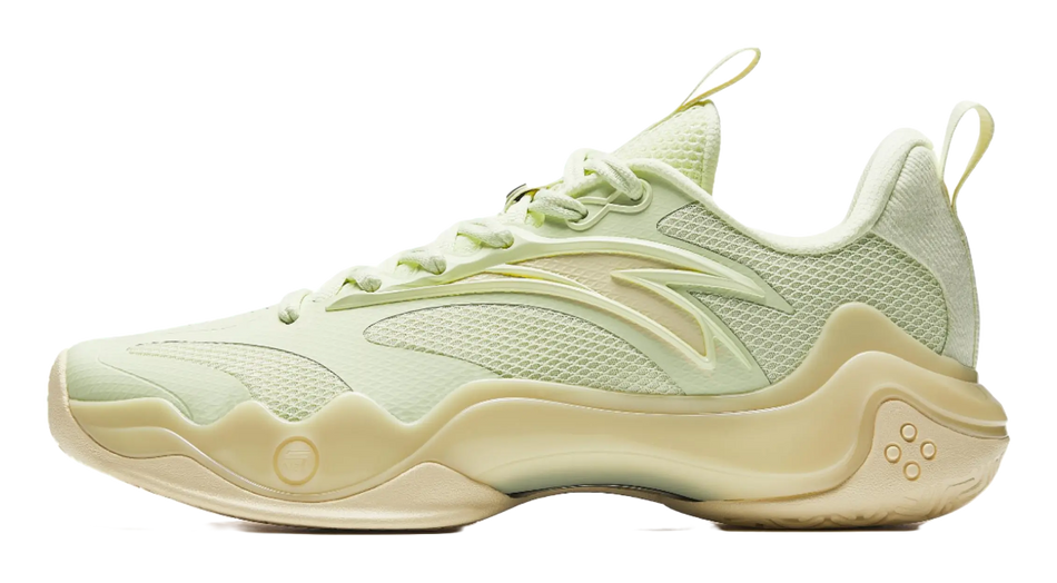 Light green and pale yellow basketball shoe with mesh upper and lace-up front