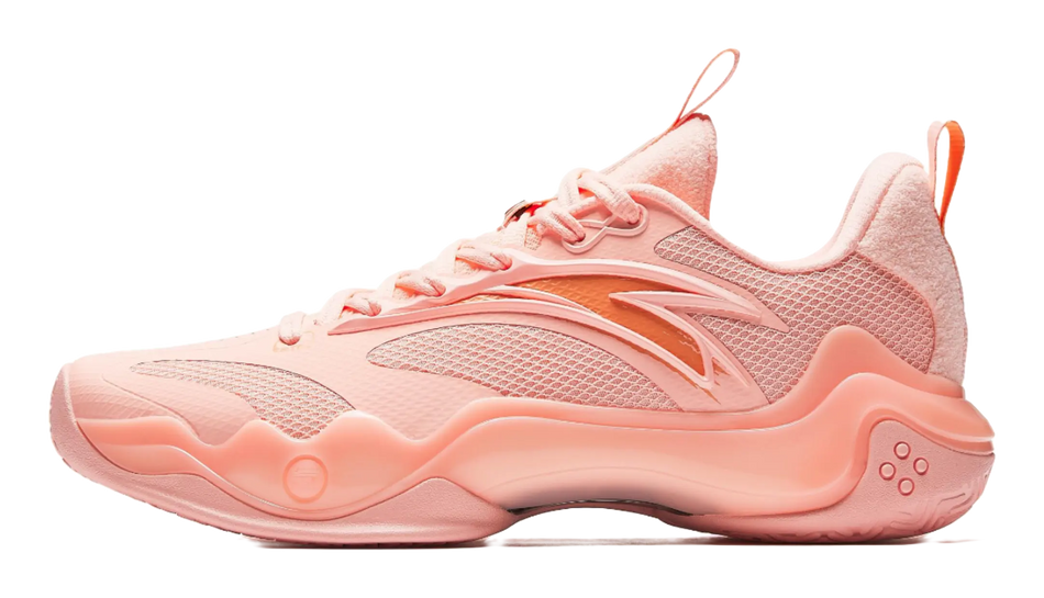 Pink and orange basketball shoe with lace-up closure and textured upper.