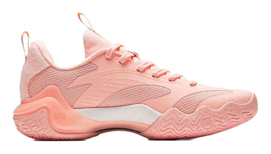 Pink and orange basketball shoe with lace-up front and padded collar.