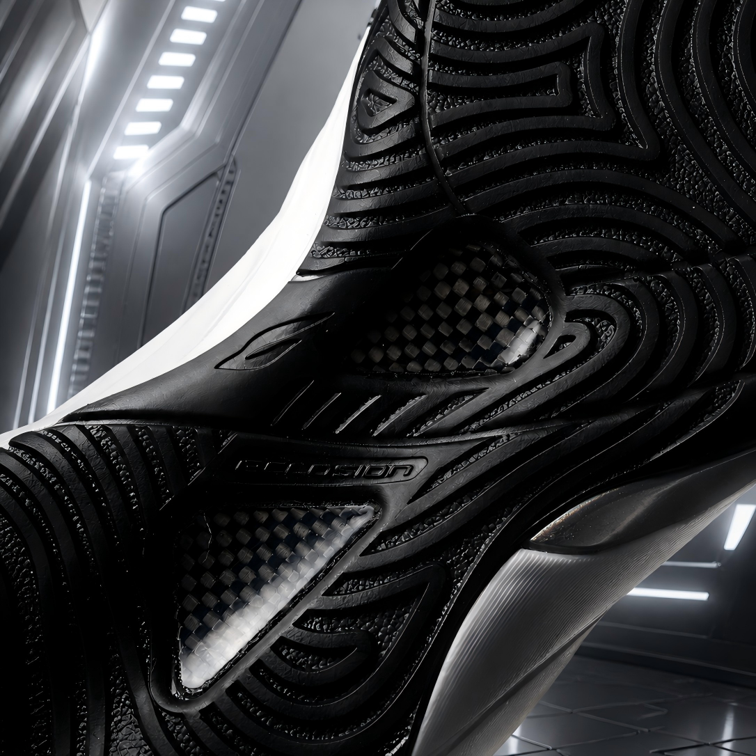 Black basketball shoe outsole and upper edge detail with traction lugs and grooves