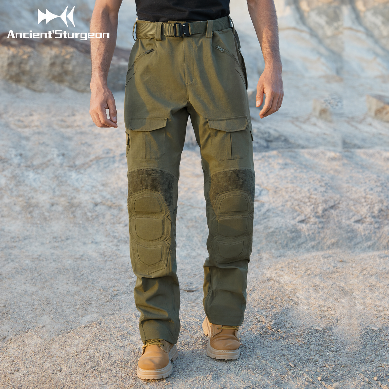 Tactical field pants with front cargo pockets and reinforced knee panels, dark green