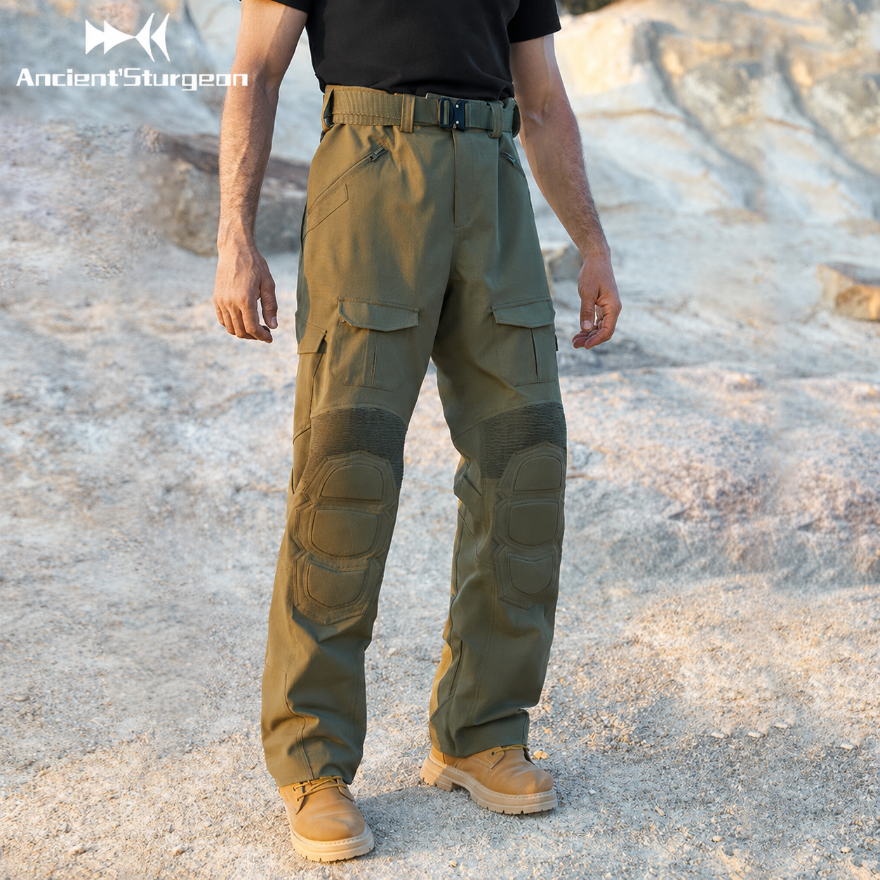 Tactical field pants with thigh cargo pockets and knee pads, dark green