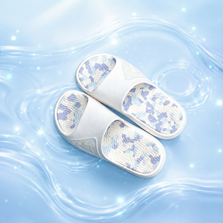 Pair of recovery slides showing white soles with blue camo traction tread