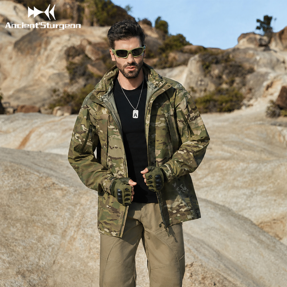 Hard shell camouflage jacket, chest view with hood up, front zip, camouflage sleeves