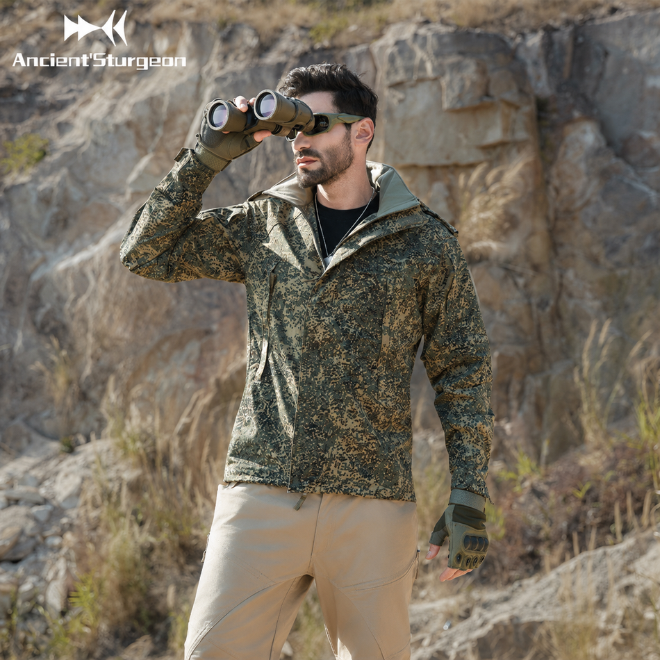 Pixel camo hooded hunting jacket with full zip and drawstring hood.