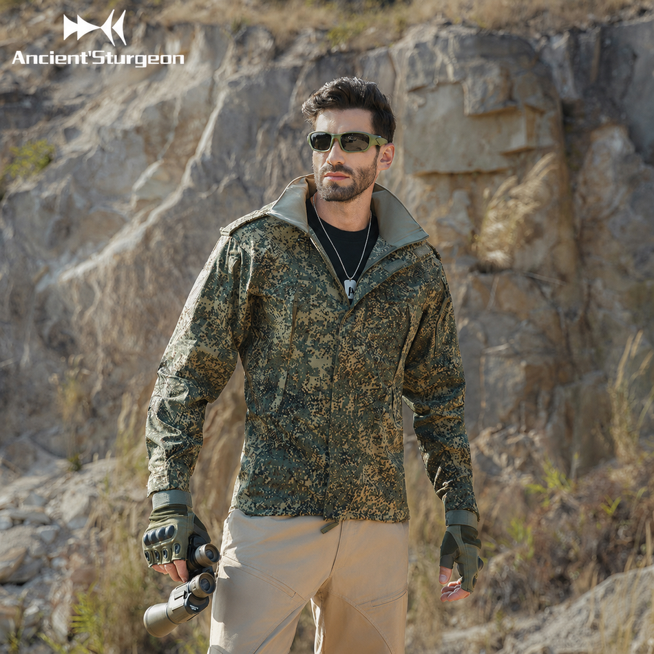 Pixel camo hooded hunting jacket with zipper front and long sleeves.