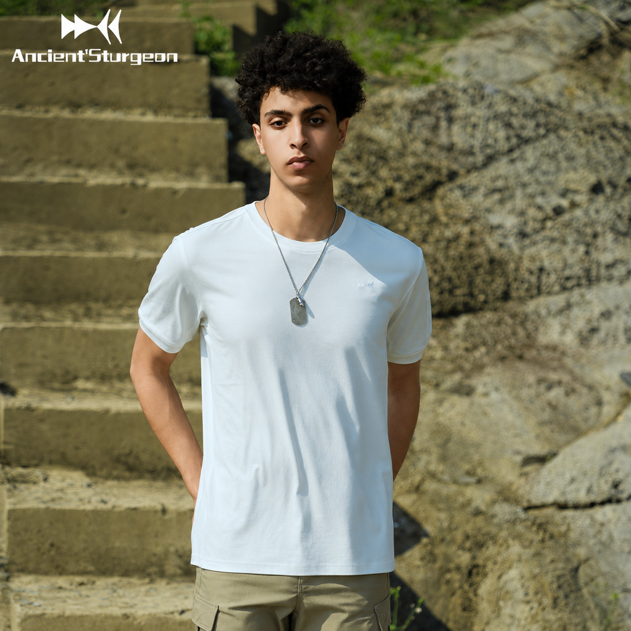 Light sky white tactical T-shirt, crew neck, short sleeves