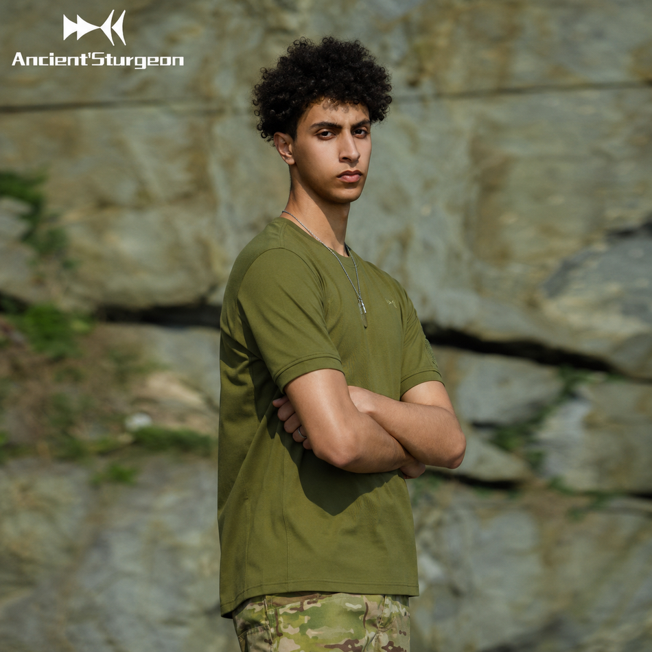 Olive green tactical T-shirt, crew neck, short sleeves