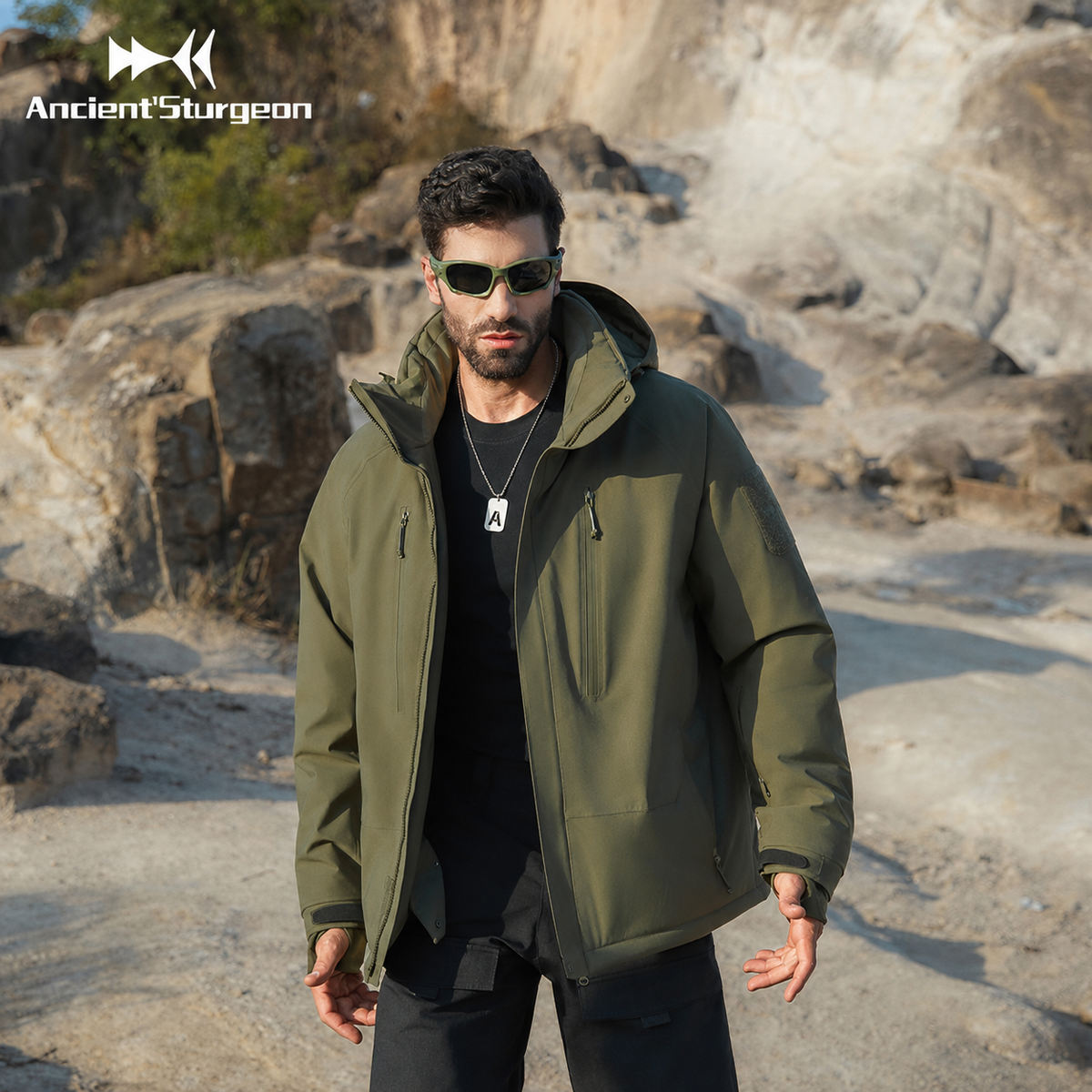 Olive green insulated jacket with hood and zip-front, cuffed sleeves