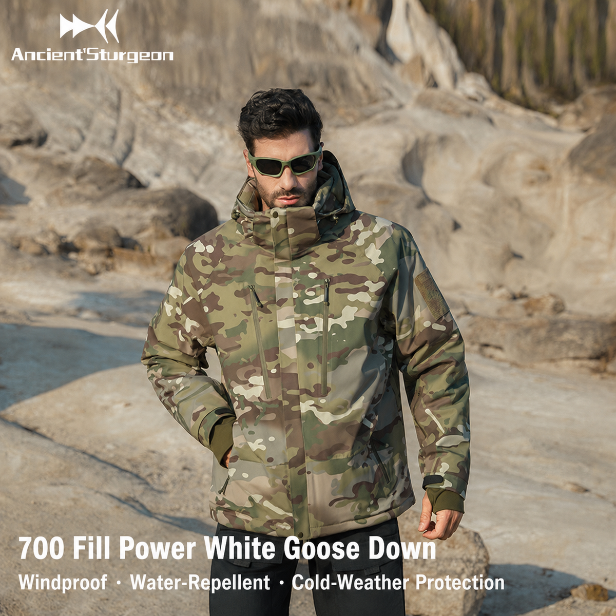 Camo insulated down jacket with adjustable hood and zip-front
