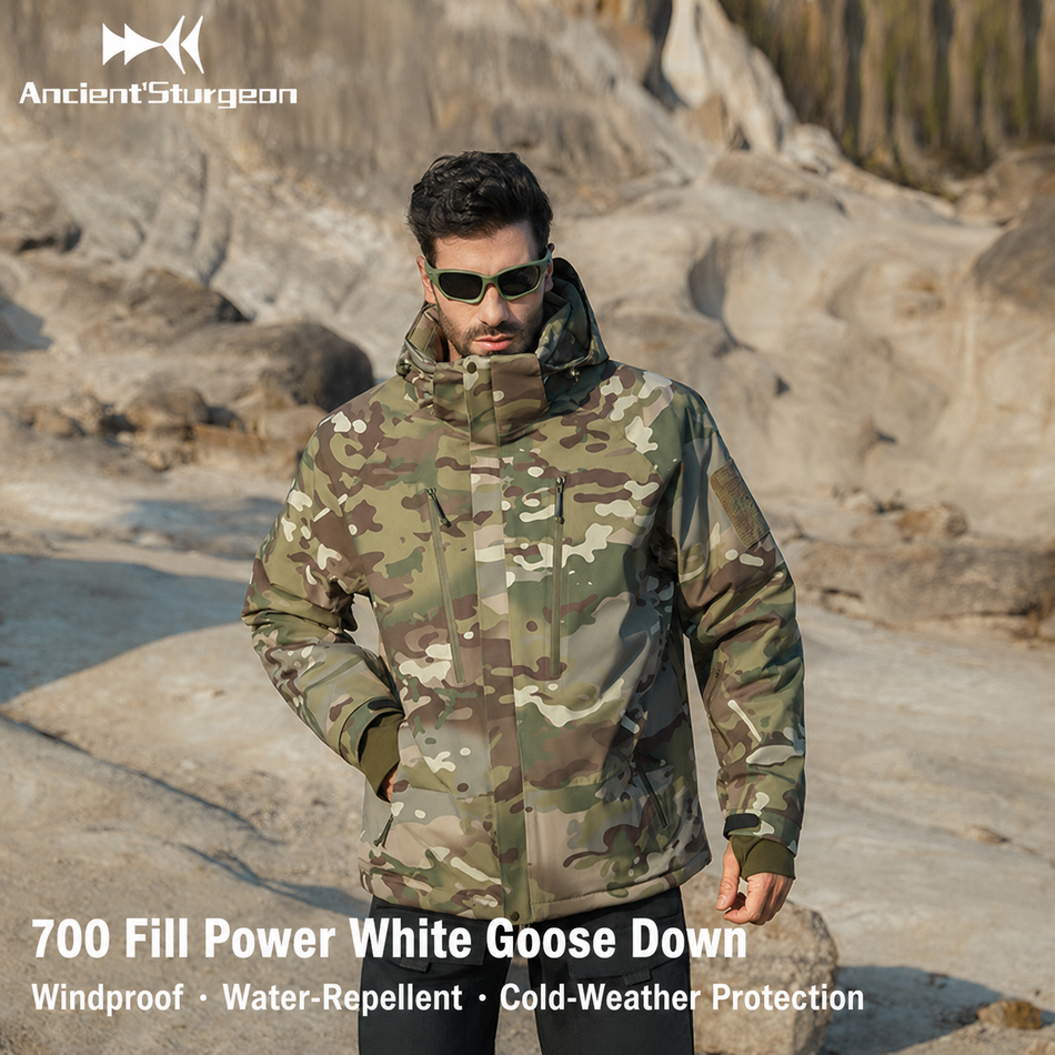 Camo insulated down jacket with adjustable hood and zip-front
