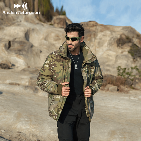 Camo insulated down jacket with hood, zip-front, and front pockets