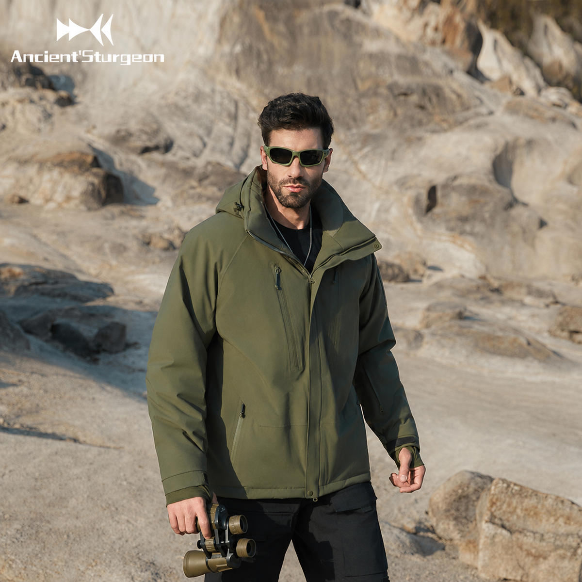 Olive green insulated jacket with adjustable hood and full-length zipper
