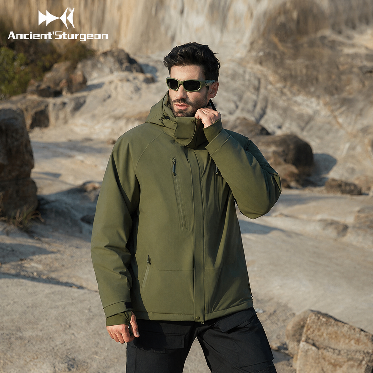 Olive green insulated jacket with adjustable hood and zip-front