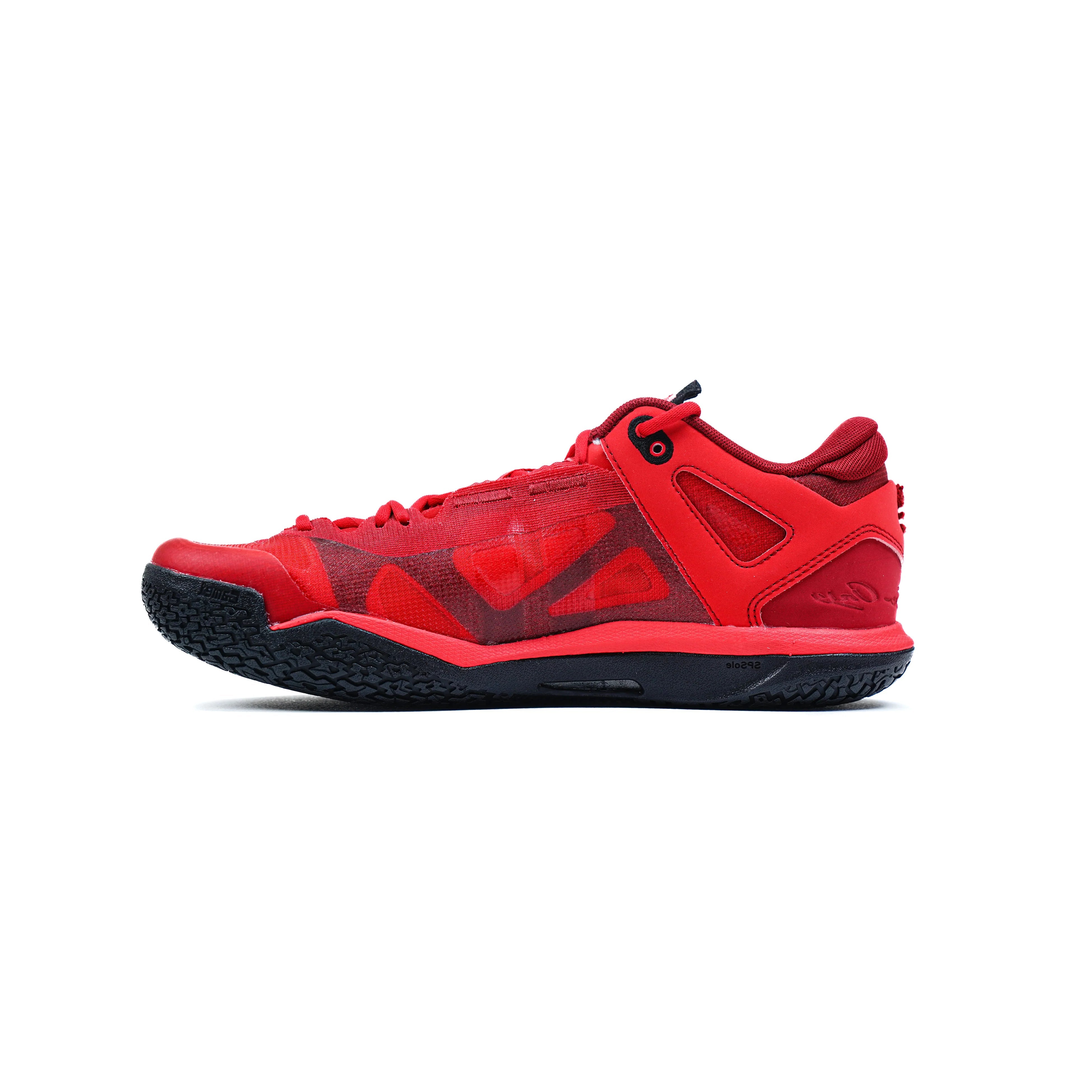 Red low-top basketball shoes with side panel accents and grippy rubber sole