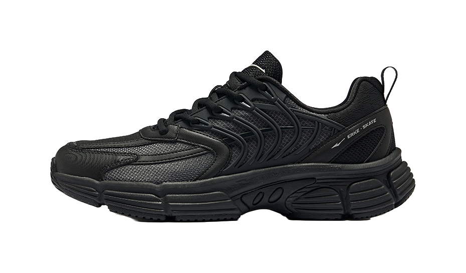 Erke Fishbone Secret Network Abrasion Resistant Breathable Low top Casual Shoes Men's Jet Black Carbon Gray 