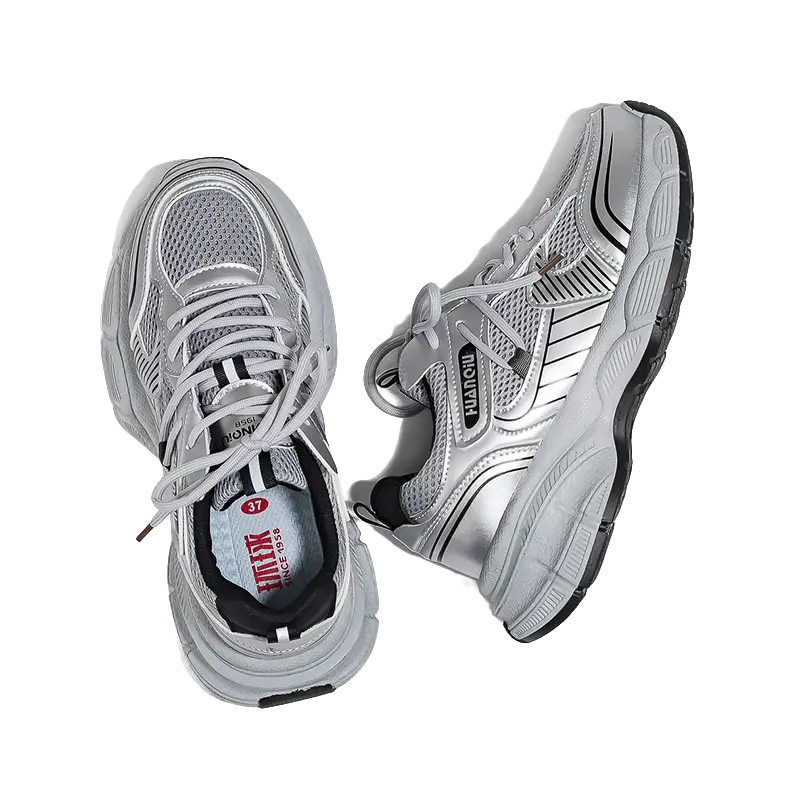 HUANQIU Abrasion Resistant Breathable Low top Chunky Sneakers Women's Silver Gray  VJSNEAKER