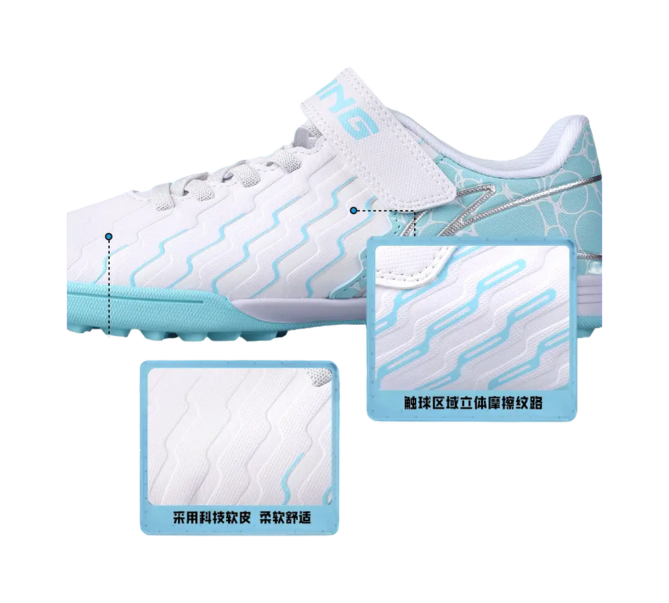 LINING YOUNG Synthetic Leather Slip Resistant Cushioning Low top Kids Soccer Shoes Blue White  vjsneaker.com