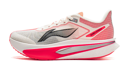 Running shoes, white and red mesh upper with black logo accents and lace-up front