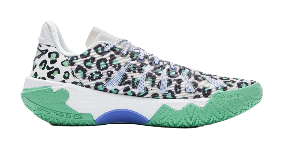 Men's basketball shoes, side view, green-and-white camo upper with blue stripe; mint sole.