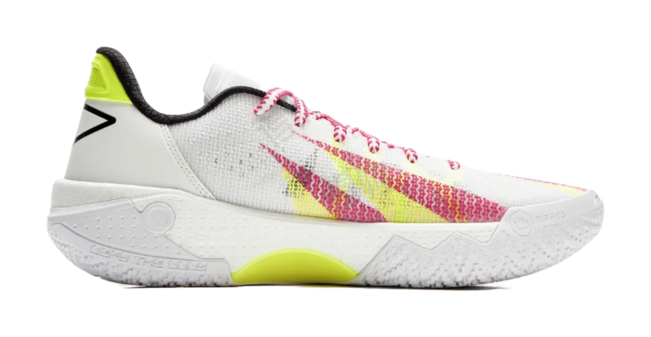 White basketball shoe with pink laces, multicolor stripe, neon green collar, textured sole
