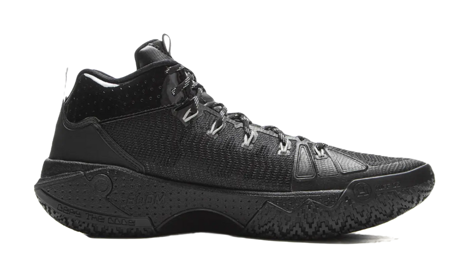 Li-Ning high-top basketball shoes, black textile upper and chunky rubber sole.