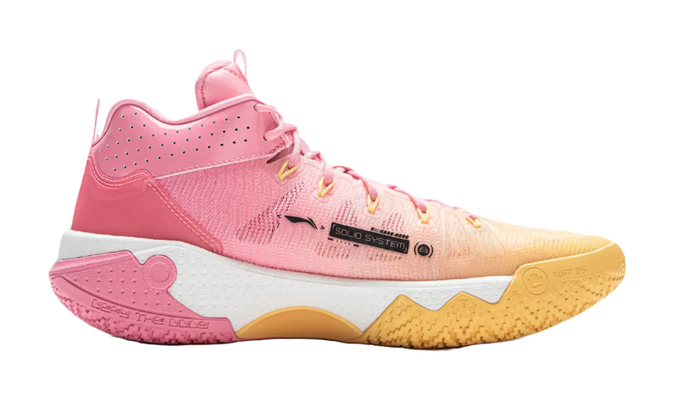 Pink high-top basketball shoe with white midsole and yellow-pink details