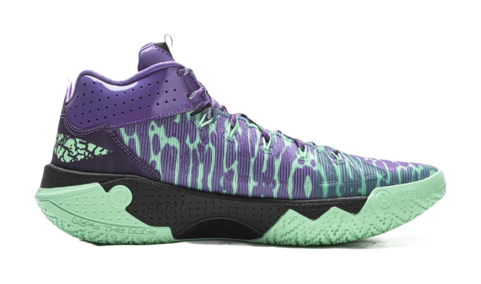 High-top basketball shoe, purple collar and pearl green patterned upper, lace-up
