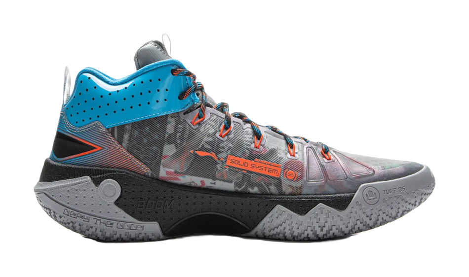 High-top basketball shoe, gray/black with teal upper and orange lace accents; side view