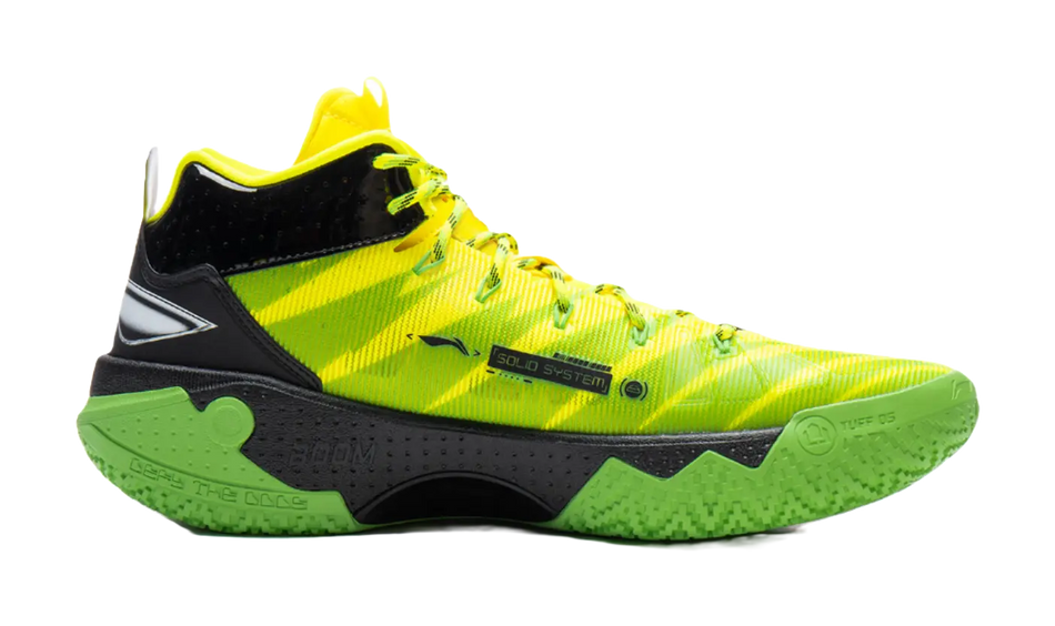 High-top basketball shoe with yellow-green knit upper and black side panels
