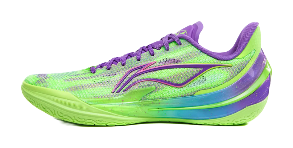 Men's basketball shoes, angled view with green-to-purple gradient upper and thick sole